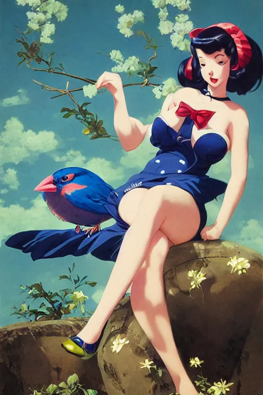 Image similar to anime pinup girl, shes holding an indigo bunting, bird, the bird is wearing a bowtie, by greg rutkowski, rossdraws, gil elvgren, enoch bolles, anime, porcelain skin, very coherent