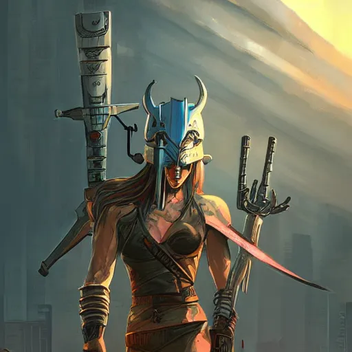 Image similar to cyberpunk viking helmet mask warrior goddess robot ninja fantasy, art gta 5 cover, official fanart behance hd artstation by jesper ejsing, by rhads, makoto shinkai and lois van baarle, ilya kuvshinov, ossdraws