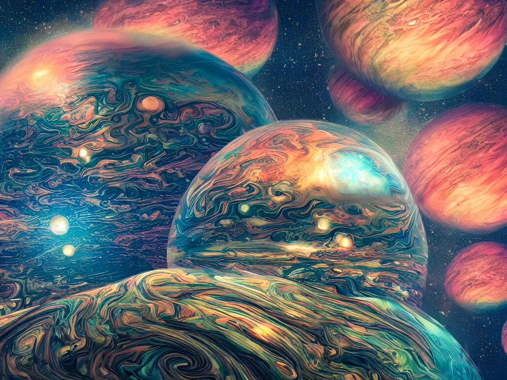 Image similar to dream of an intricate jupiter landscape with dichroic transparent colorful sphere levitating ior painting photography ultra realism full landscape polaroid photography syd mead style + insane detail + denoise + 8 k hyper realistic + octane render