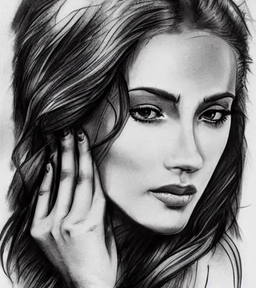 Image similar to tattoo design sketch of a beautiful woman face against a background of beautiful mountains and nature, hyper - realistic, in the style of den yakovlev, amazing detail, black and white