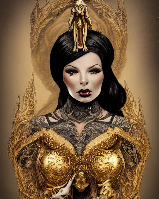 Image similar to concept art, Christy Mack, beautiful, frank frazetta, ornate, art nouveau, symmetrical, gold jewelry, high contrast, unbiased render, Emil melmoth, eerie, haunting, victorian, 8k, octane render, style of Gustav Klimt, head and shoulders