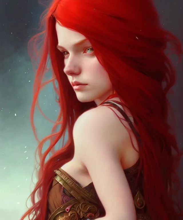 Prompt: Fae teenage girl, portrait, face, long red hair, fantasy, intricate, elegant, highly detailed, digital painting, artstation, concept art, smooth, sharp focus, illustration, art by artgerm and greg rutkowski and alphonse mucha