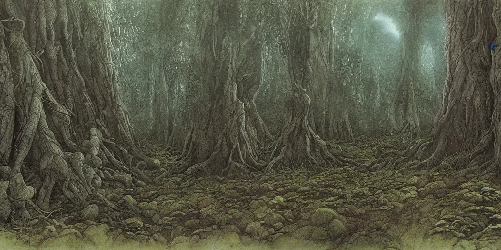 Prompt: Artwork by John Howe of The cinematic view of The Forest of Lost Twilight, a Forest, within which can be found an epitomic manor.