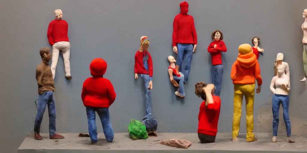 Image similar to plasticine sculpture stop motion. clay models. man in red jumper and blue jeans 5 0 from left. gallery paintings of flowers. visitors. contemporary art gallery small hole in wall. salvador dali. high detail. photorealistic