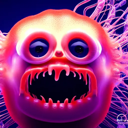 Image similar to a beautiful extreme wide photograph of a super cute jellyfish monster with huge sad eyes and sharp fangs in a wide open mouth, highly detailed, smooth, very very clean, 8 k, cinematic movie photograph, cinematic lighting, octane render, zbrush central contest winner, 3 d maya render