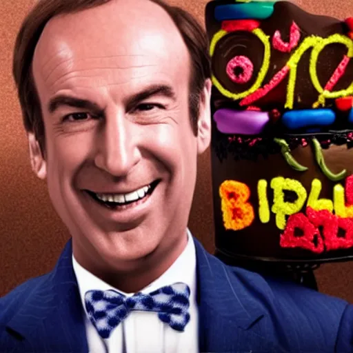 Image similar to saul goodman, smiling, holding a birthday cake