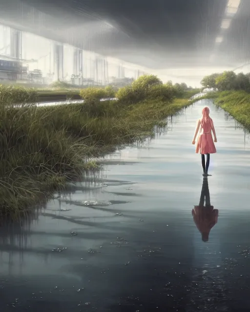 Prompt: photo of girl walking along train tracks that are submerged under a few inches of reflective water toward a station in the distance, wide horizon, large white clouds, intricate, elegant, highly detailed, digital painting, artstation, concept art, smooth, sharp focus, illustration, art by artgerm and greg rutkowski and fra angelico