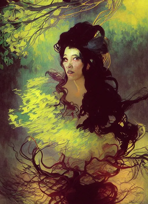 Prompt: a beautiful terrifying ghost portrait black eyes smoke twisted trees cherry blossom, floating cloth whirlpool, butterfly hard lighting ethereal horror fantasy art blue, yellow green, white hues by karol bak raymond swanland, gaston bussiere craig mullins alphonse mucha basil gogos, monet, ruan jia, by wlop, moebius syd mead roger dean yoshitaka amano