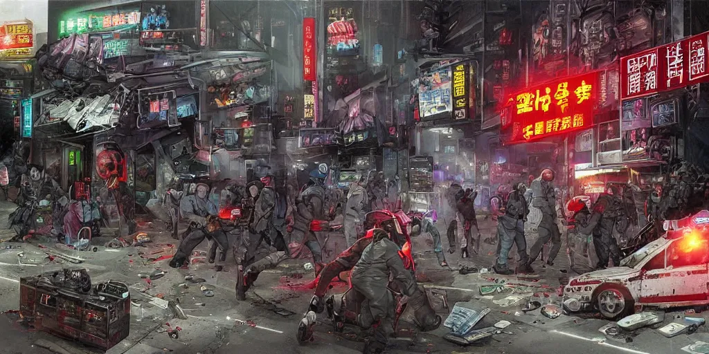 Image similar to 1992 Video Game Concept Art, Anime Neo-tokyo Cyborg bank robbers vs police, Set in Cyberpunk Bank Vault, bags of money, Multiplayer set-piece :9, Police officers hit by bullets, Police Calling for back up, Bullet Holes and Blood Splatter, :6 ,Hostages, Smoke Grenades, Riot Shields, Large Caliber Sniper Fire, Chaos, Cyberpunk, Money, Anime Bullet VFX, Machine Gun Fire, Violent Gun Action, Shootout, Escape From Tarkov, Payday 2, Highly Detailed, 8k :7 by Katsuhiro Otomo + Studio Gainax + Sanaril : 8