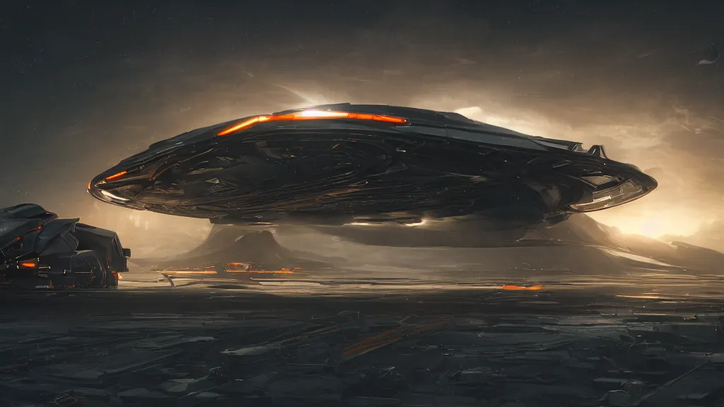 Image similar to a photorealistic dramatic hyperrealistic full frame render of a futuristic interstellar spacecraft, ultra realistic details, glossy white metal, orange racing stripes by greg rutkowski, james paick, nicolas bouvier sparth, ben mauro, ilm, beautiful dramatic dark moody tones and lighting, cinematic atmosphere, studio lighting, shadows, dark background, octane render, 8 k