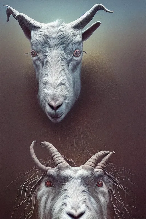 Image similar to painting of hybrid between human andy milonakis and a goat, by zdzislaw beksinski, by tiffany bozic, cold hue's, warm tone gradient background, concept art, beautiful composition, digital painting