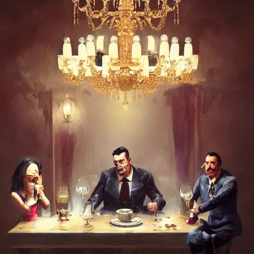 Prompt: a happy mafia family smoking cigar and holding gun, champagne on the table, a big chandelier hanging from roof by greg rutkowski and thomas kinkade, trending on artstation