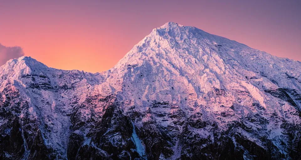 Image similar to professional photo of a snow topped mountain lit by the sunset