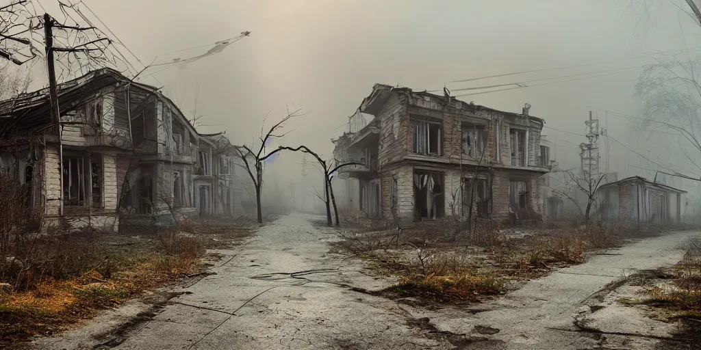 Prompt: abandoned houses, dilapidated Chernobyl city street, fog, rain, volumetric lighting, beautiful, golden hour, sharp focus, ultra detailed, cgsociety