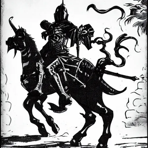 Prompt: A knight riding on top of a tapir. Dark Fantasy, Film Noir, Black and White. High Contrast, Mike Mignola, D&D, OSR