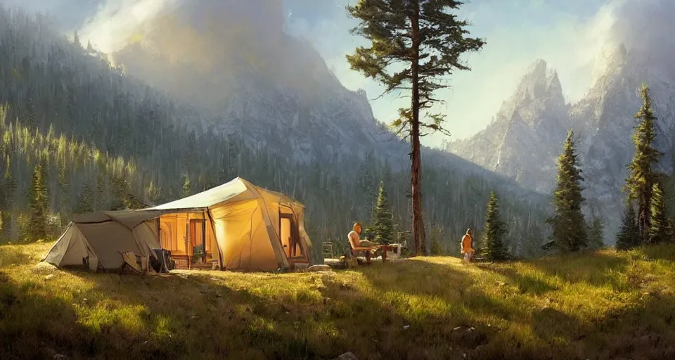 Image similar to cabela's beautiful comfortable self contained modular insulated wall container home kit - house all weather family dwelling tent house, person in foreground, mountainous forested wilderness open fields, beautiful views, painterly concept art, environmental concept art, concept art illustration, by james gurney, by craig mullins, by greg rutkowski trending on artstation