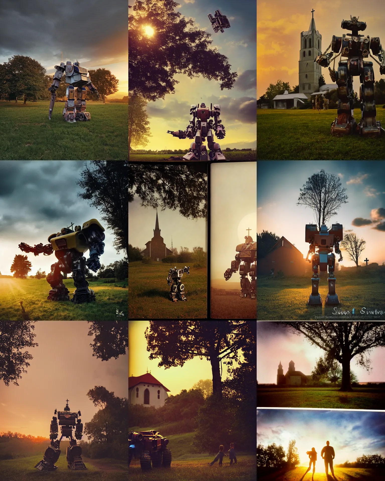 Prompt: giant oversized battle pose robot mech as giant baby on a village, tree in far background, church in background, dramatic sunset, Cinematic focus, Polaroid photo, vintage, neutral colors, soft lights, foggy, by Steve Hanks, by Serov Valentin, by lisa yuskavage, by Andrei Tarkovsky