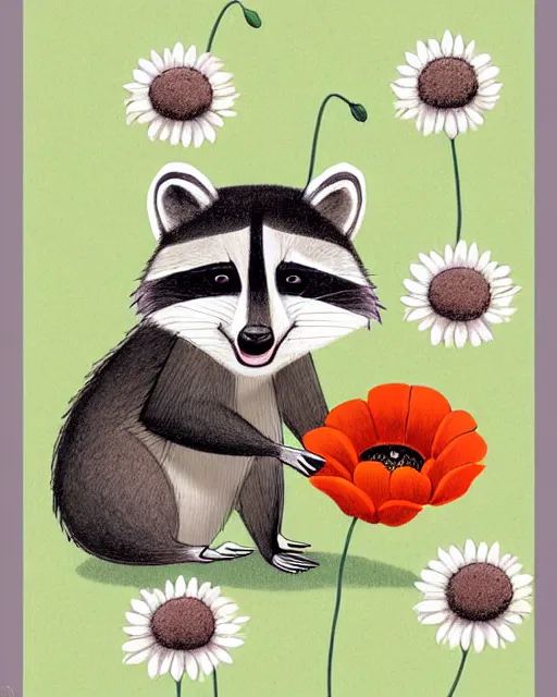 Image similar to a minimalist storybook illustration of a smiling happy cute raccoon wearing a flower crown of daisies and poppies, by antoine de saint - exupery and annabel kidston and naomi okubo and jean - baptiste monge. a child storybook illustration, muted colors, soft colors, low saturation, fine lines, white paper