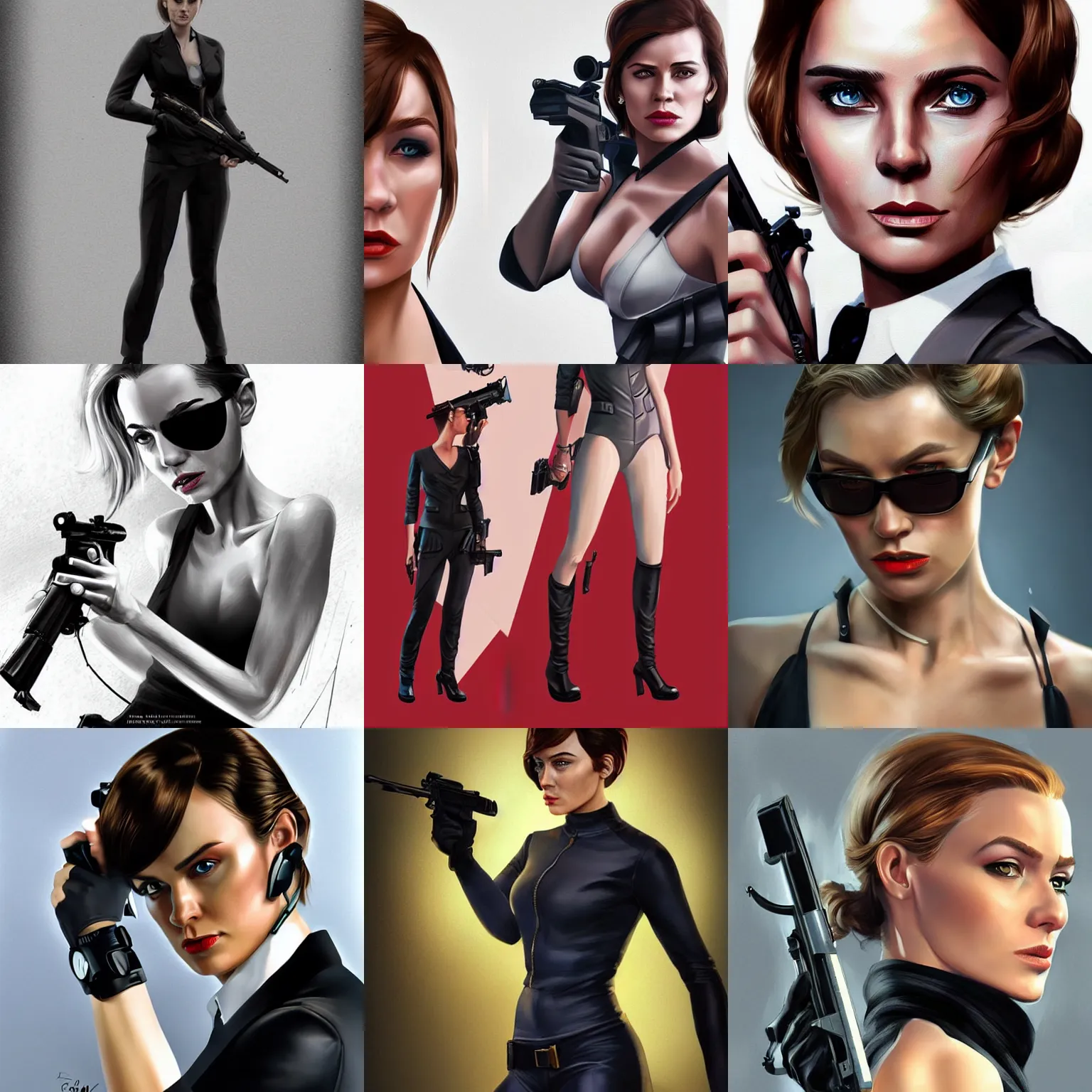 Prompt: female version of james bond, trending on artstation, realistic, concept art, highly detailed