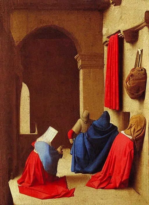 Image similar to red cloth of the floor, medieval painting by jan van eyck, johannes vermeer, florence