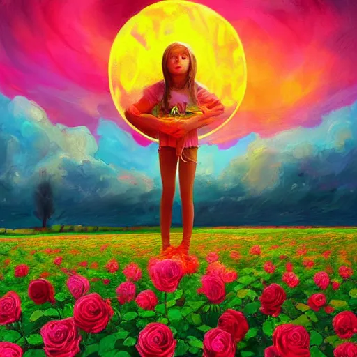 Prompt: large rose as a face, girl frontal in a flower field, surreal photography, sunrise dramatic light, impressionist painting, colorful clouds, digital painting, artstation, simon stalenhag