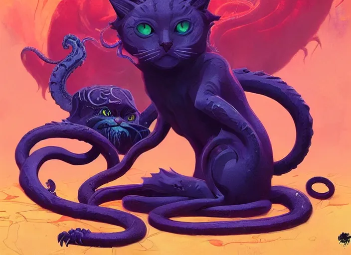 Prompt: cat and cthulhu mix, vibrant color scheme, highly detailed, in the style of romanticism, cinematic, artstation, Moebius, Greg rutkowski