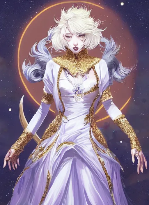 Image similar to commissioned full body portrait of a female anthro werewolf princess fursona with white hair wearing a white and gold Chinese armored dress in a white and gold palace on a starry night with a large crescent moon, by a professional manga illustrator, Stanley Artgerm Lau, WLOP, Rossdraws, James Jean, Andrei Riabovitchev, Marc Simonetti, and Sakimichan, trending on artstation