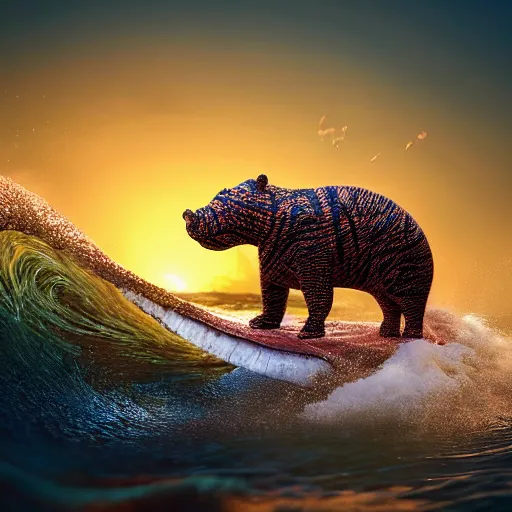 Image similar to a closeup photorealistic photograph of a cute knitted tiger hippopotamus riding an epic wave during sunset. well textured. surf in the background. professional capture. brightly lit scene. this 4 k hd image is trending on artstation, featured on behance, well - rendered, extra crisp, features intricate detail, epic composition and the style of unreal engine.