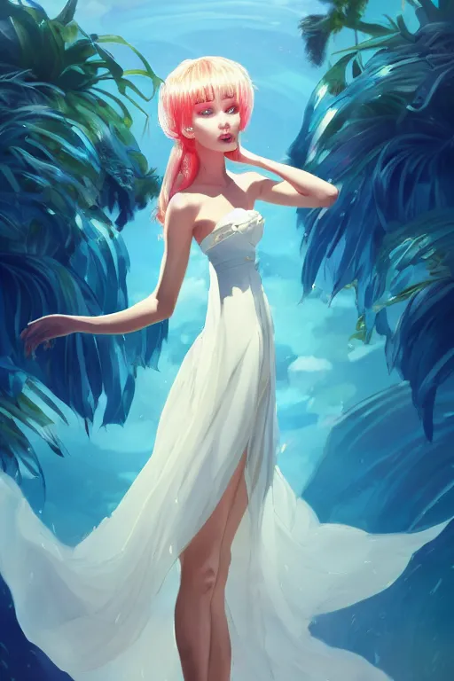 Image similar to a beautiful fashion goddness of love, chic strapless dress, tropical sea background, character design, in the style of artgerm, and wlop, cinematic lighting, hyperdetailed, 8 k realistic, symmetrical, global illumination, radiant light, frostbite 3 engine, cryengine, dof, trending on artstation, digital art