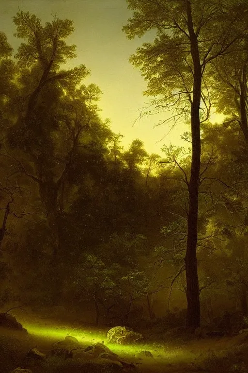 Image similar to dark and spooky painting of a forest dimly lit at night with tiny purple morning glory flowers trailing at the base of trees. muted colour palette, detailed oil painting by asher brown durand