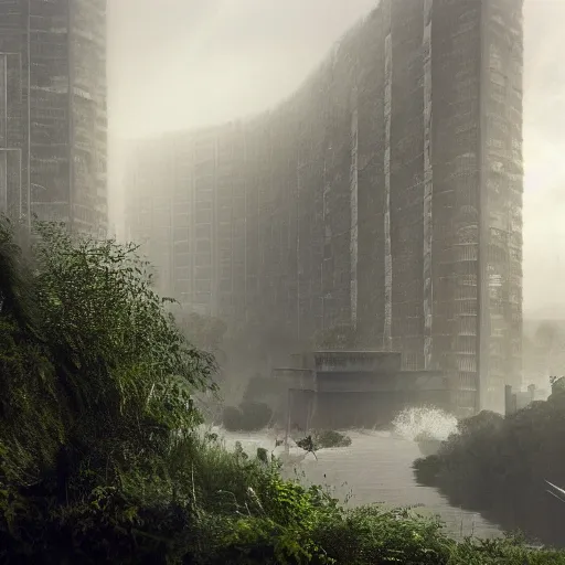 Prompt: j g ballard drowned world, flooded remains of brutalist london, overgrown by dense jungle under a hazy sunny sky, trending on artstation, detailed