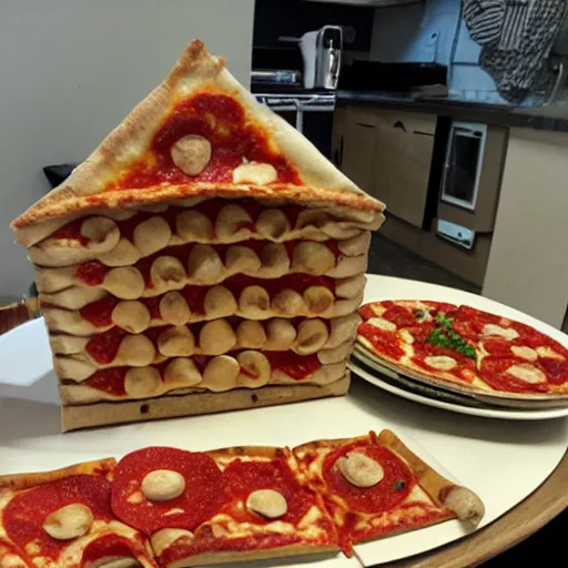 Prompt: a house made of pizza