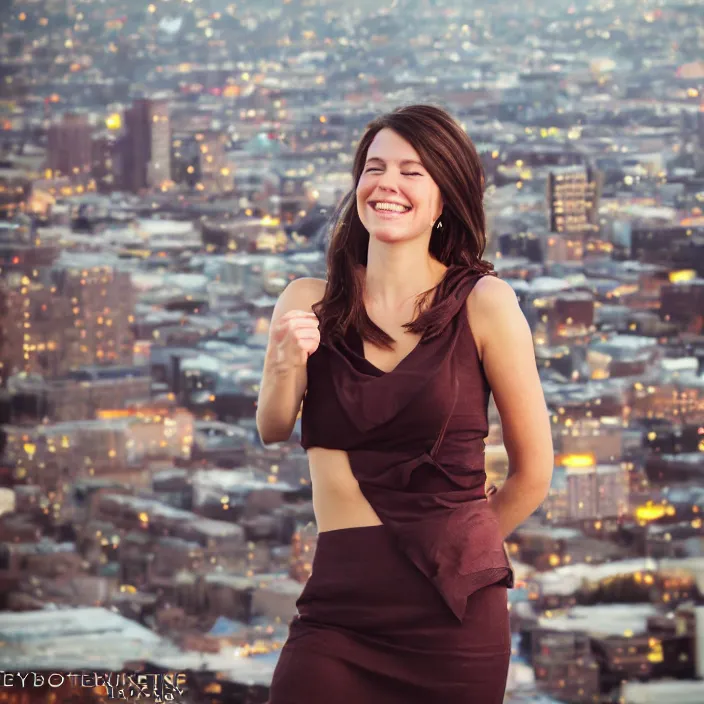 Prompt: a beautiful girl from minnesota, brunette, joyfully smiling at the camera with her eyes closed. perfect nose, morning hour, plane light, portrait, minneapolis as background.