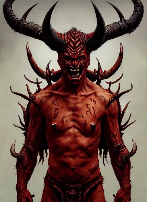 Prompt: devil man intricate skin pattern texture, savage, full body, maniacal, giant horns, hyper realistic, extremely detailed, dnd character art portrait, dark fantasy art, intricate fantasy painting, dramatic lighting, vivid colors, deviant art, artstation, by edgar maxence and caravaggio and michael whelan and delacroix.