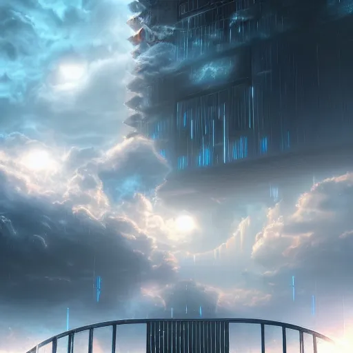 Prompt: a digital painting of clouds and a gate, cyberpunk art by mike winkelmann, behance contest winner, psychedelic art, tesseract, apocalypse art, darksynth