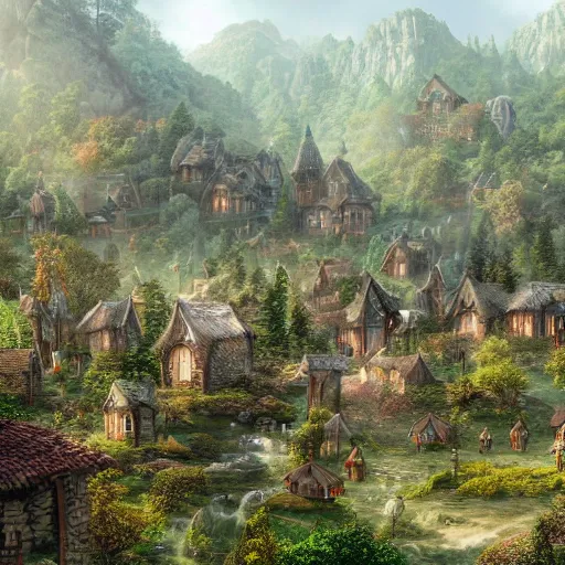 Prompt: An elven village surrounded by a forest, matte painting, stunning, 8k resolution, high detail, sun shining