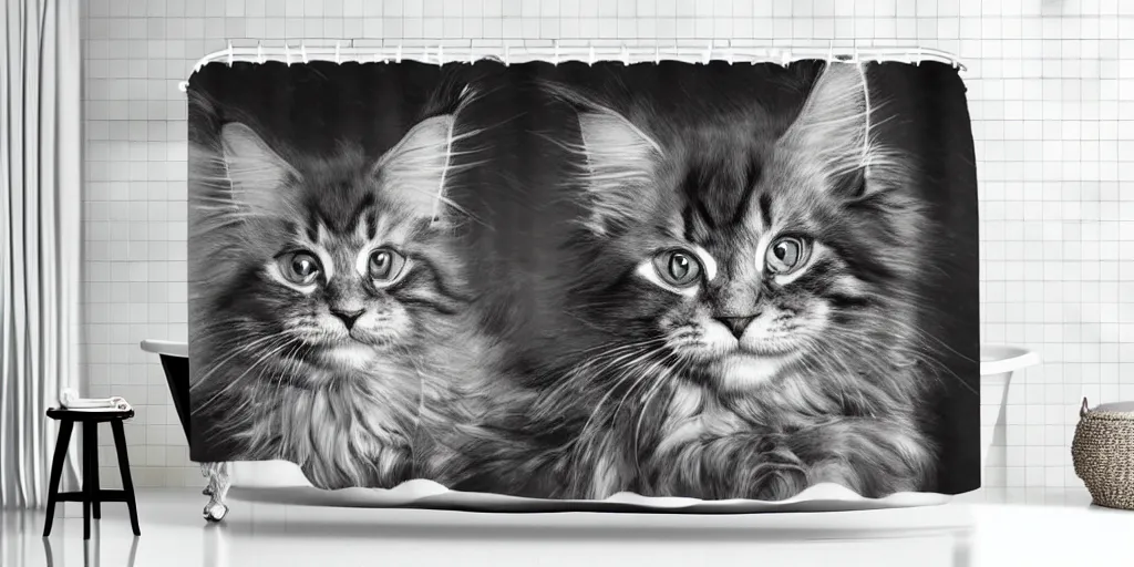 Prompt: maine coon kitten ink under drawing, saturated watercolor themed shower curtain, shower curtain product. product photography. product lighting. 4 k, highly detailed. saturated.