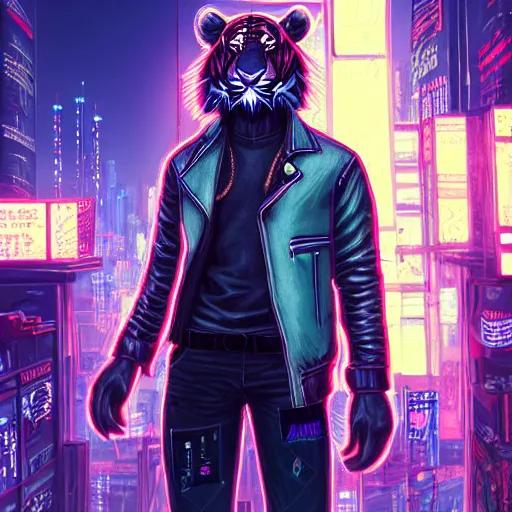 Image similar to a beautfiul award winning commission portrait of an anthro tiger in the neon cyberpunk city at night,wearing a leather jacket,glow effect,detailed face,photorealistic,character design by charles bowater,ross tran,deviantart,artstation,digital art,hyperdetailed,realistoc,western comic style,vfx,dramatic