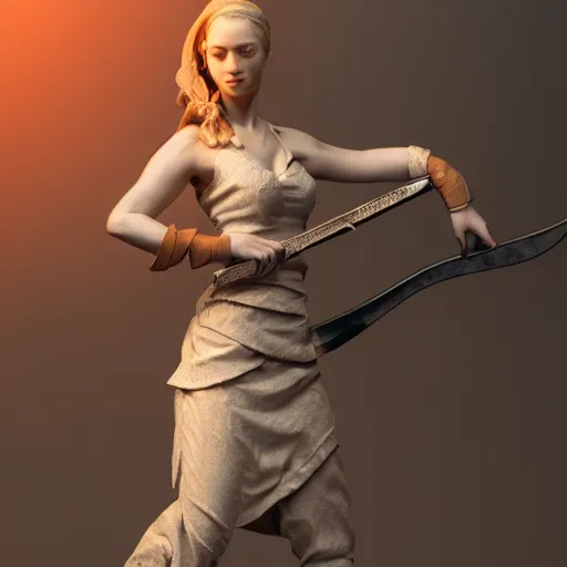 Prompt: highly detailedf figurine, beautiful young woman, over exaggerated proportions, with a sword in her right hand, martial art pose, octane render, ripped cloth, ashthorp, beeple, volumetric lights, dramatic, highly detailed