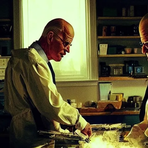 Image similar to “Very photorealistic screenshot of Joe Biden and Walter White cooking drugs in an episode of Breaking Bad, atmospheric lighting, award-winning”