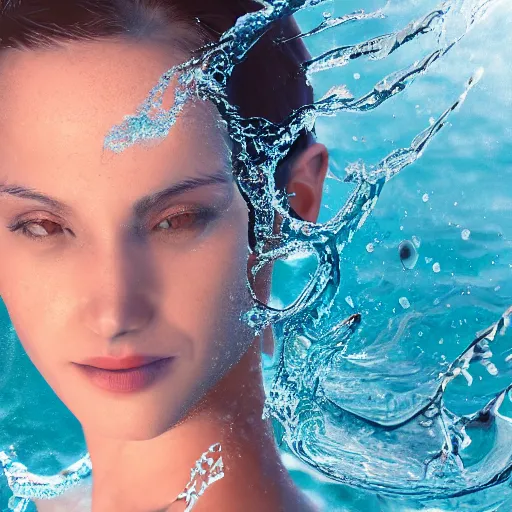 Prompt: water artwork manipulation in the shape of a human head, on the ocean water, beautiful woman, ray tracing, realistic water sharp focus, long shot, 8 k resolution, cinematic, surreal water art