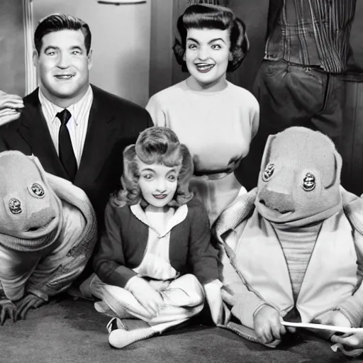 Image similar to 5 0 s family sitcom about a traditional american family, with every part played by 6 - foot - tall tardigrades wearing human clothes.