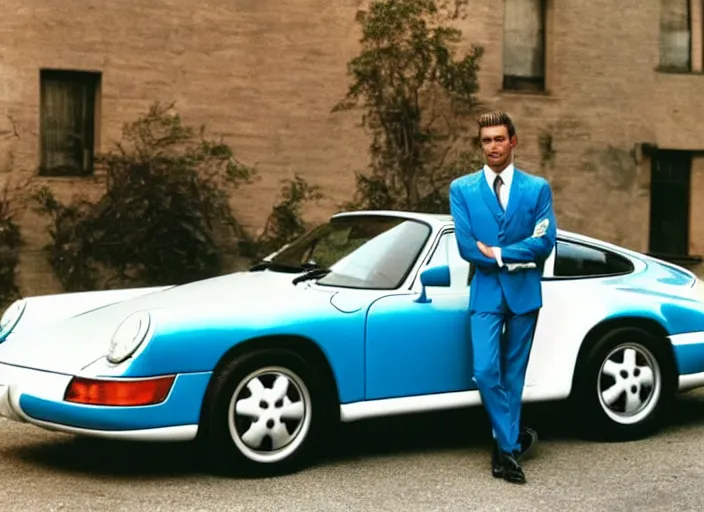 Prompt: color photo of a cool handsome photomodel in a blue suite with arms crossed arms leaning against a white porsche 9 1 1 in the 8 0's. girl beside him