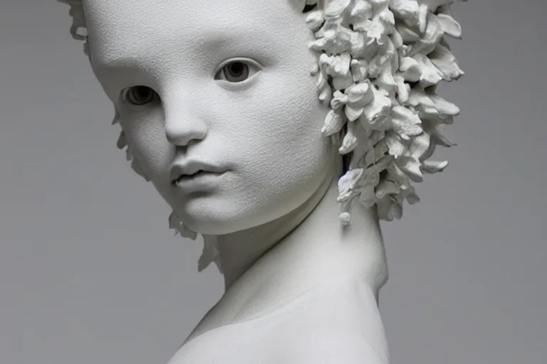 Image similar to full head and shoulders, beautiful female porcelain sculpture by daniel arsham and james jean, smooth, all white features on a white background, delicate facial features, white eyes, white lashes, detailed white, lots of 3 d giant twisting flower hair