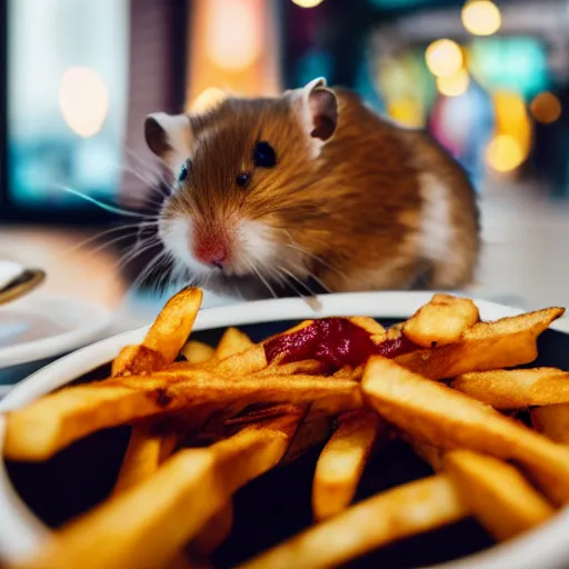 Image similar to detailed photo of a hamster eating fries, fancy restaurant, various poses, full body, unedited, daylight, dof 8 k