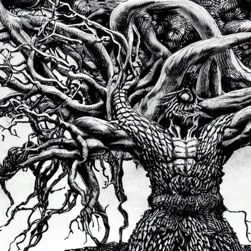 Image similar to Tree of Pain from Hyperion by Kentaro Miura, highly detailed, black and white