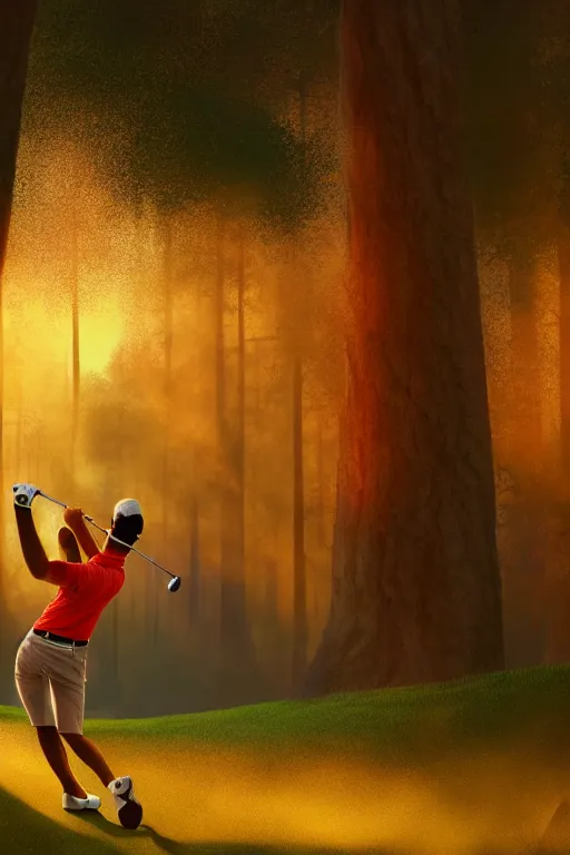 Prompt: close-up of an athletic golf player on a stunning landscape lush golf course, magical light, golden hour, in the background a burning forest, digital painting, 4k, forest ray light, particles light, by sasha kalinkin, Noah Bradley, ilya kuvshinov, matte painting