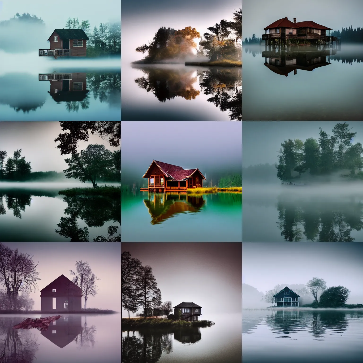 Prompt: a house on a lake, cinematic composition, fog