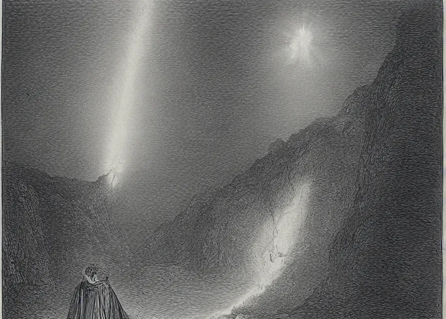 Image similar to a hooded figure in a black robe standing in a flower meadow while bright light beam is emmited from the sky onto him, flower meadow landsape in dark pits of a canyon, illustration by Gustave Dore, highly detailed 18th century black and white pencil drawing