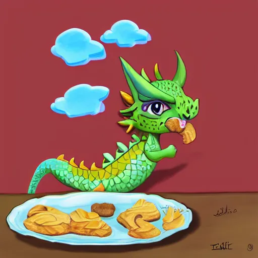 Image similar to dragon eating cookies, digital art, cute